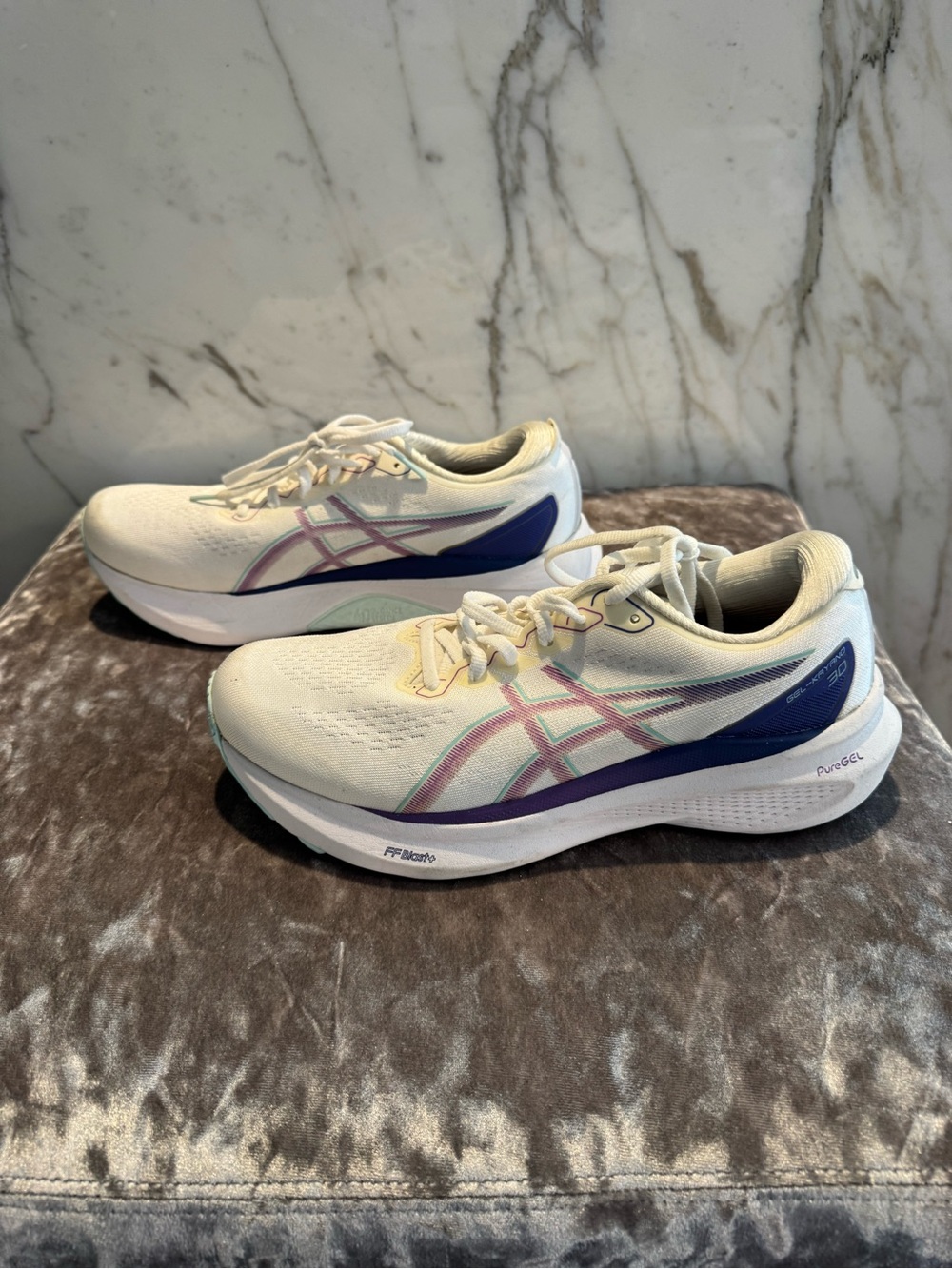 ASICS Women's White Running Shoes with Purple and Pink Accents